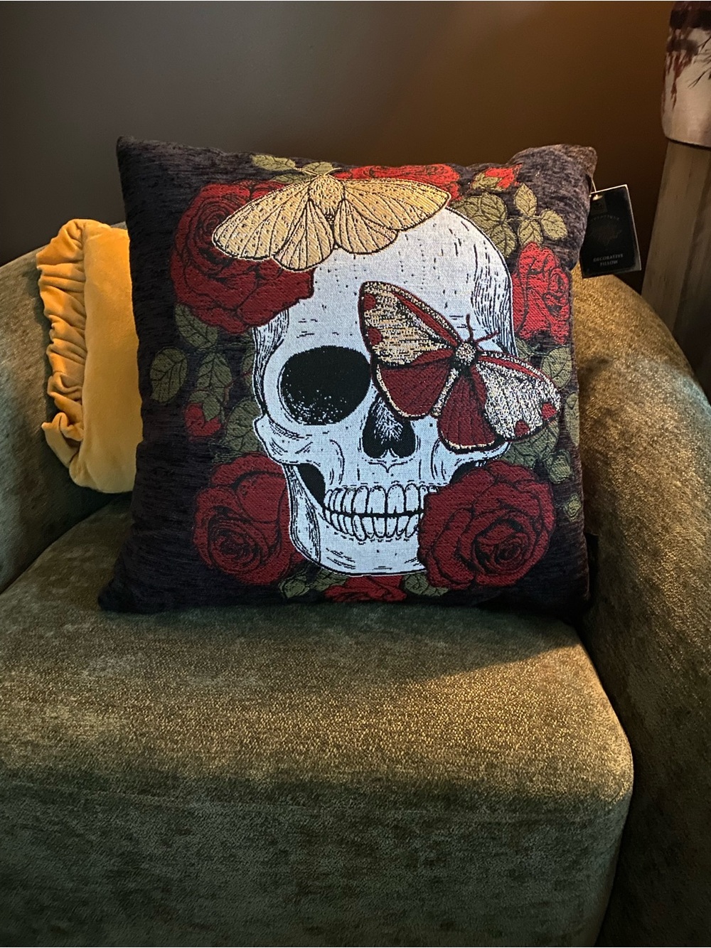 Spooky Night Skull & Butterfly Decorative Throw Pillow - Red, White, Black